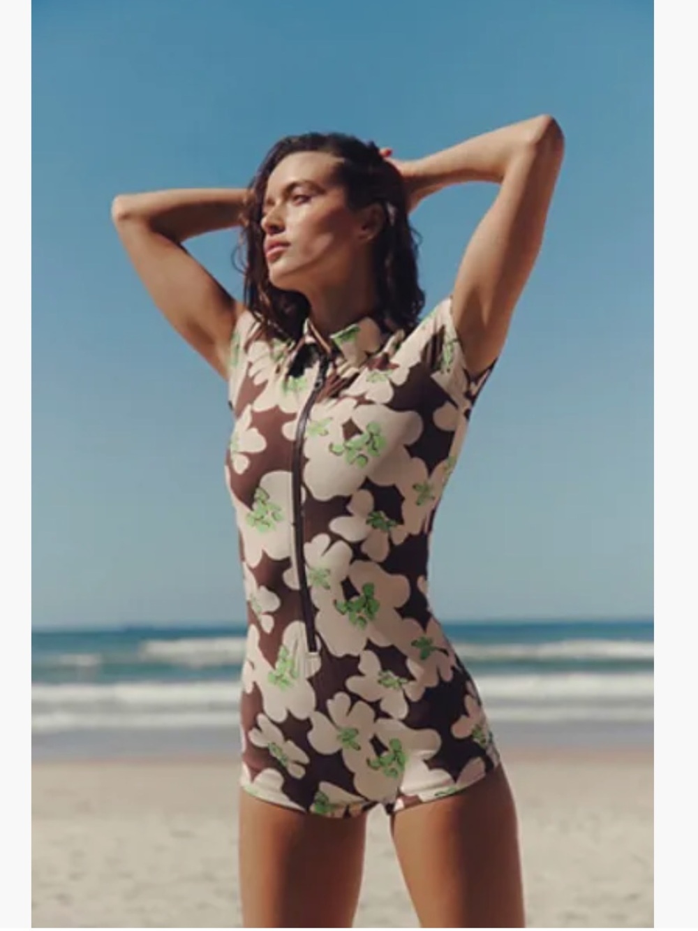 Stone Fox Swim Brown Floral Short-Sleeve Zip One-Piece with Green Accents